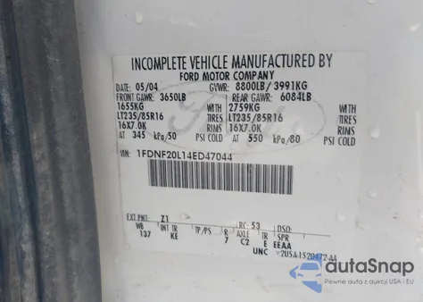 2004 Ford F-250 Xl/Xlt z USA, uszkodzony, nr VIN 1FDNF20L14ED47044